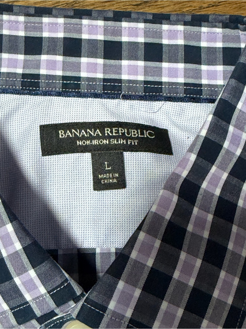 Banana Republic Non-Iron Slim Fit Plaid Dress Shirt Large Navy Purple